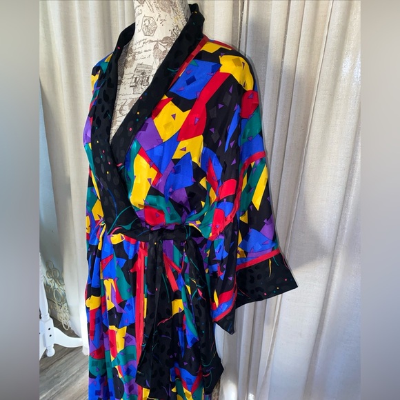 Vintage 80s 90s Emporium Capwell California Geometric Robe 100% Silk Women’s M - Picture 2 of 12